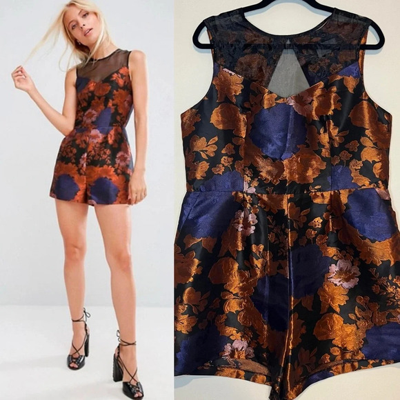 ASOS Floral Jaquard Organza Neckline Romper Playsuit - Picture 2 of 12